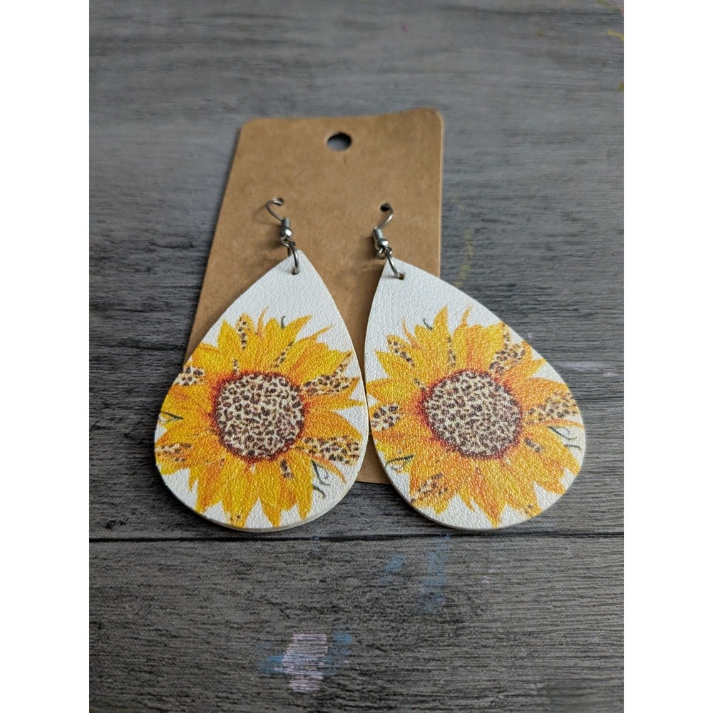 Faux Leather Sunflower Leopard Print Teardrop Earrings Yellow White Boho